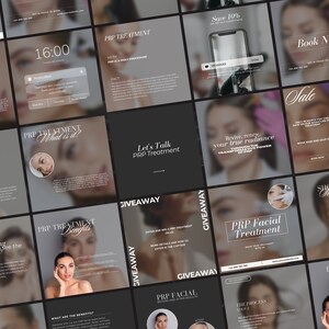May include: A collage of Instagram posts promoting PRP facial treatments. The posts feature images of a woman's face, a syringe, and a phone screen. The text on the posts includes "PRP Treatment", "What is it?", "Benefits", "Giveaway", "Revive, renew, your true radiance", "PRP Facial Treatment", "The Process", "Sale", and "Book Now".