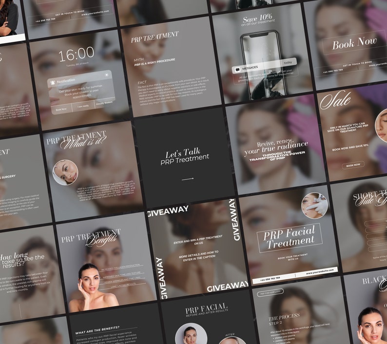 May include: A collage of Instagram posts promoting PRP facial treatments. The posts feature images of a woman's face, a syringe, and a phone screen. The text on the posts includes "PRP Treatment", "What is it?", "Benefits", "Giveaway", "Revive, renew, your true radiance", "PRP Facial Treatment", "The Process", "Sale", and "Book Now".