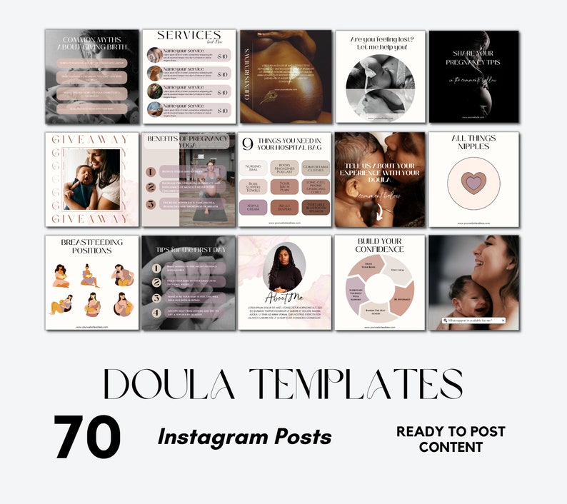 K&ouml;nnte beinhalten: Eine Sammlung von 70 Instagram-Post-Vorlagen f&uuml;r Doulas. Die Vorlagen behandeln eine Vielzahl von Themen rund um Schwangerschaft, Geburt und Wochenbett, darunter Dienstleistungen, Vorteile von Schwangerschaftsyoga, Dinge, die Sie in Ihrer Krankenhaus-Tasche ben&ouml;tigen, Stillpositionen, Tipps f&uuml;r den ersten Tag, Aufbau Ihres Selbstvertrauens und das Teilen Ihrer Schwangerschaftstipps. Die Vorlagen sind so konzipiert, dass sie optisch ansprechend und informativ sind, und sie k&ouml;nnen verwendet werden, um Ihre Doula-Dienstleistungen zu bewerben, mit potenziellen Kunden in Kontakt zu treten und wertvolle Informationen mit Ihren Followern zu teilen.
