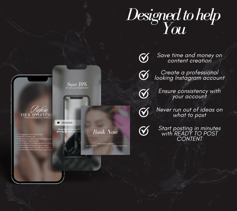May include: A black and white image of a phone screen with the text "Before Your Appointment" and a list of instructions. The phone is on a black background with a water ripple effect. The text "Designed to help You" is in white text on the right side of the image. Below the text are five check marks with text describing the benefits of using the service. The text "Save 10% on all our treatment" is in white text on a black background in the upper right corner of the image.