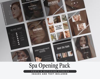 May include: A collection of dark gray social media posts and stories for a spa opening. The posts feature images of people, text such as "Grand Opening," "Our Treatments," and "Meet the Team." The pack includes posts and matching stories with images and text.