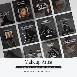 Peut inclure: Ensemble de publications et d'histoires de médias sociaux gris foncé pour une maquilleuse. Les publications présentent des images de femmes, du texte et des graphiques. Le texte comprend des phrases telles que "Perfect Makeup every day", "MUA like a Pro" et "Choose Your Package."