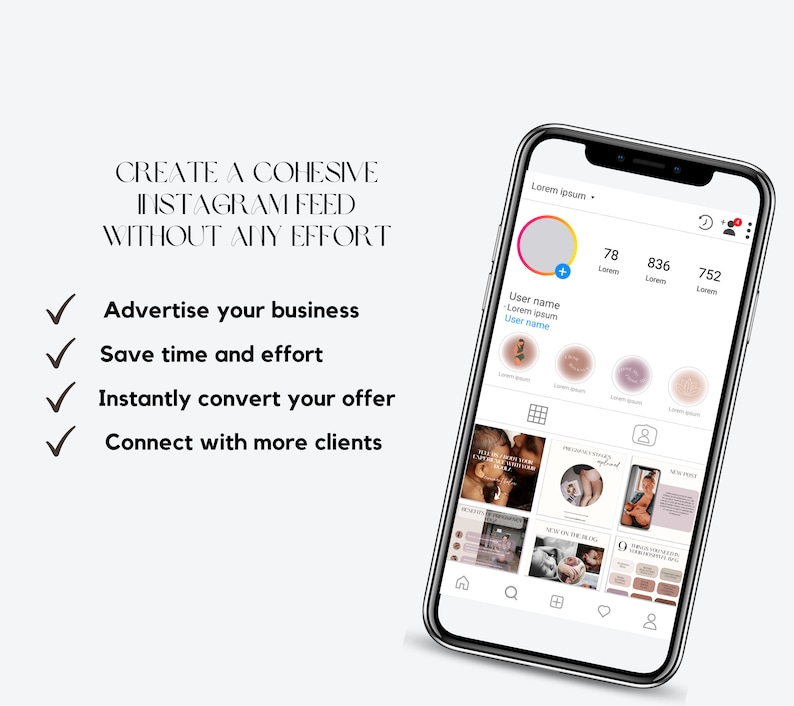 K&ouml;nnte beinhalten: Ein Smartphone-Bildschirm zeigt eine Mockup eines Instagram-Feeds mit einer stimmigen &Auml;sthetik. Der Text "CREATE A COHESIVE INSTAGRAM FEED WITHOUT ANY EFFORT" wird oben auf dem Bildschirm angezeigt. Unter dem Text befinden sich vier H&auml;kchen mit folgendem Text: "Advertise your business", "Save time and effort", "Instantly convert your offer" und "Connect with more clients".