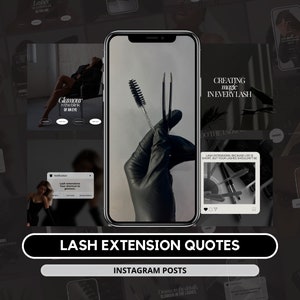 May include: A collage of Instagram posts about lash extensions. The main image shows a gloved hand holding tweezers and a lash brush. The text on the posts includes quotes about lash extensions, such as "Glamour in the blink of an eye" and "Creating magic in every lash".