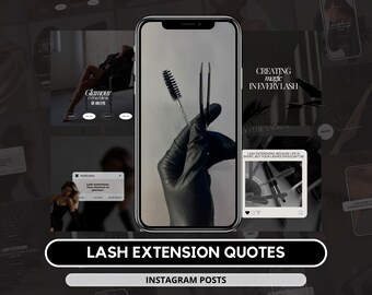 May include: A collage of Instagram posts about lash extensions. The main image shows a gloved hand holding tweezers and a lash brush. The text on the posts includes quotes about lash extensions, such as "Glamour in the blink of an eye" and "Creating magic in every lash".