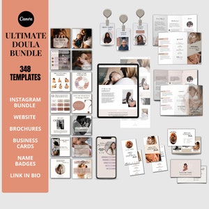May include: A collection of marketing materials for doulas, including Instagram templates, website designs, brochures, business cards, and name badges. The design features a soft color palette with images of mothers and babies. Text includes "Ultimate Doula Bundle" and "348 Templates."