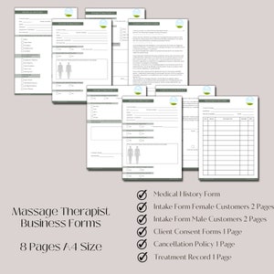May include: A set of eight printable business forms for massage therapists. The forms include a medical history form, intake forms for female and male customers, client consent forms, a cancellation policy, and a treatment record. The forms are designed in a simple, professional style with a green and white color scheme.