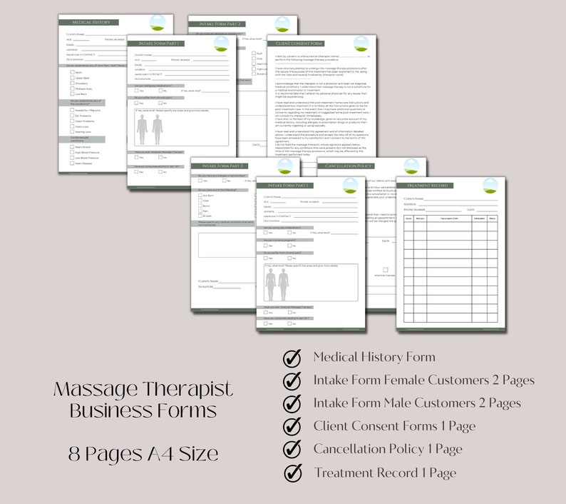 May include: A set of eight printable business forms for massage therapists. The forms include a medical history form, intake forms for female and male customers, client consent forms, a cancellation policy, and a treatment record. The forms are designed in a simple, professional style with a green and white color scheme.