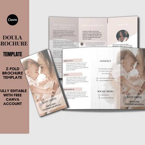 May include: A Z-fold brochure template for a doula, featuring a soft color palette and images of a mother and baby. The brochure includes sections on why a doula is needed, how they can help, and contact information. The Canva template is fully editable.