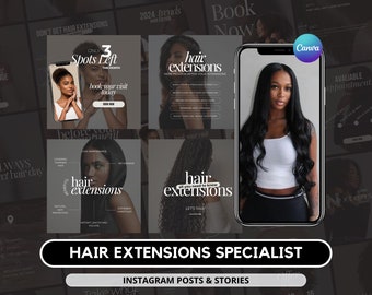 Op de afbeelding: Een collage van Instagram-berichten en -verhalen die haarverlengingen promoten. De berichten bevatten afbeeldingen van vrouwen met lang, vloeiend haar, samen met tekst over de voordelen van haarverlengingen. De tekst bevat zinnen als "haarverlengingen", "boek uw afspraak vandaag", "hoe u voor uw haarverlengingen zorgt" en "alles wat u moet weten".