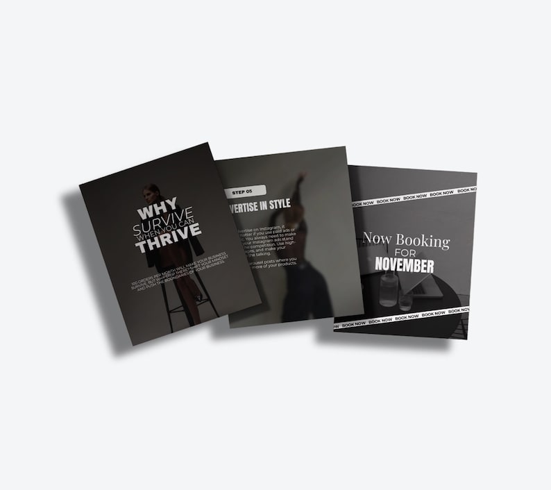 K&ouml;nnte beinhalten: Drei Brosch&uuml;ren mit dunkelgrauen Umschl&auml;gen. Die erste Brosch&uuml;re lautet &bdquo;WHY SURVIVE WHEN YOU CAN THRIVE&ldquo;. Die zweite Brosch&uuml;re lautet &bdquo;VERTISE IN STYLE&ldquo;. Die dritte Brosch&uuml;re lautet &bdquo;Now Booking FOR NOVEMBER&ldquo;.