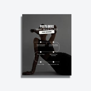 K&ouml;nnte beinhalten: Werbegrafik mit dem Text "POSTS IDEAS your need to try FOR SUCESS". Die Grafik listet Ideen wie Testimonials, Umfragen, Blicke hinter die Kulissen und einen Tag im Leben auf.