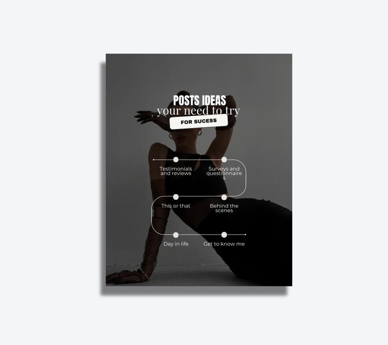 K&ouml;nnte beinhalten: Werbegrafik mit dem Text "POSTS IDEAS your need to try FOR SUCESS". Die Grafik listet Ideen wie Testimonials, Umfragen, Blicke hinter die Kulissen und einen Tag im Leben auf.