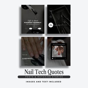 May include: A four-image collage about nail care. The top left image shows nail polish dripping onto a bottle. The top right image shows nail clippers. The bottom left image shows a hand with a ring. The bottom right image shows a hand with red nails. Text includes "Life is short, Pamper yourself", "Classic nails", and "Bold nails for a bold woman".