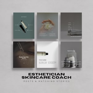 May include: A collection of six digital social media templates for an esthetician skincare coach, featuring muted tones, product imagery of tubes and droppers, and text overlays including 'Repair Your Skin Barrier', 'Product Spotlight', and 'Sunscreen Tips'.