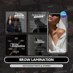 May include: A collage of Instagram posts and stories promoting brow lamination services. The images feature a woman with perfectly shaped brows, a close-up of a brow lamination tool, and text highlighting the benefits of the treatment. The text includes "Brow Lamination", "Benefits", "Even out the brows", "Your brows will appear fuller", "Keeps brows in place", "Gives perfect brow shape", and "New".