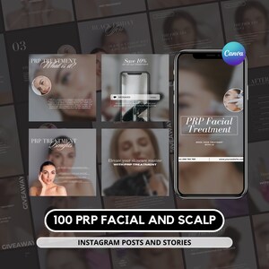 May include: A collage of Instagram posts and stories promoting PRP facial and scalp treatments. The images feature a variety of before and after photos, as well as information about the benefits of PRP treatments. The text on the images includes "PRP Treatment, What is it?", "PRP Treatment Benefits", "Save 10% on all our treatments", "Elevate your skincare routine with PRP Treatment", and "PRP Facial Treatment".