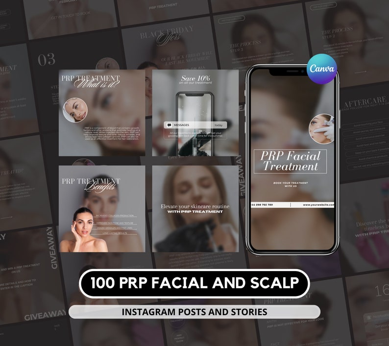 May include: A collage of Instagram posts and stories promoting PRP facial and scalp treatments. The images feature a variety of before and after photos, as well as information about the benefits of PRP treatments. The text on the images includes "PRP Treatment, What is it?", "PRP Treatment Benefits", "Save 10% on all our treatments", "Elevate your skincare routine with PRP Treatment", and "PRP Facial Treatment".