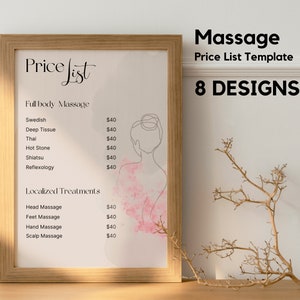 Massage Preisliste Vorlagen | Druckbare Preisleitfaden Vorlage | Spa Klinik Preisliste I Salon Preisliste MV1