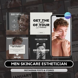 Könnte beinhalten: Eine Collage aus Instagram-Posts und -Stories für einen Männer-Hautpflege-Kosmetiker. Die Bilder zeigen einen Mann, der eine Gesichtsbehandlung erhält, einen Textüberlagerung mit der Aufschrift "Hol dir die Haut deiner Träume" und einen Textüberlagerung mit der Aufschrift "Wie oft sollte ich eine Gesichtsbehandlung machen?" Die Bilder sind in Schwarzweiß gehalten.