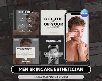 Men Skincare Instagram Templates, Facial Treatments, Esthetician Social Media Posts and Stories (Digital Download)