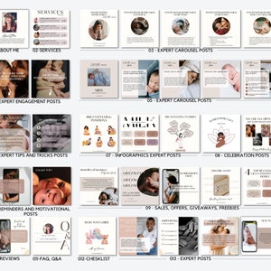 May include: A collage of images showcasing various social media posts designed for a lactation consultant. The images feature tips and tricks for breastfeeding, information about milk supply, and reminders for new mothers. The images are presented in a light pink and brown colour scheme.