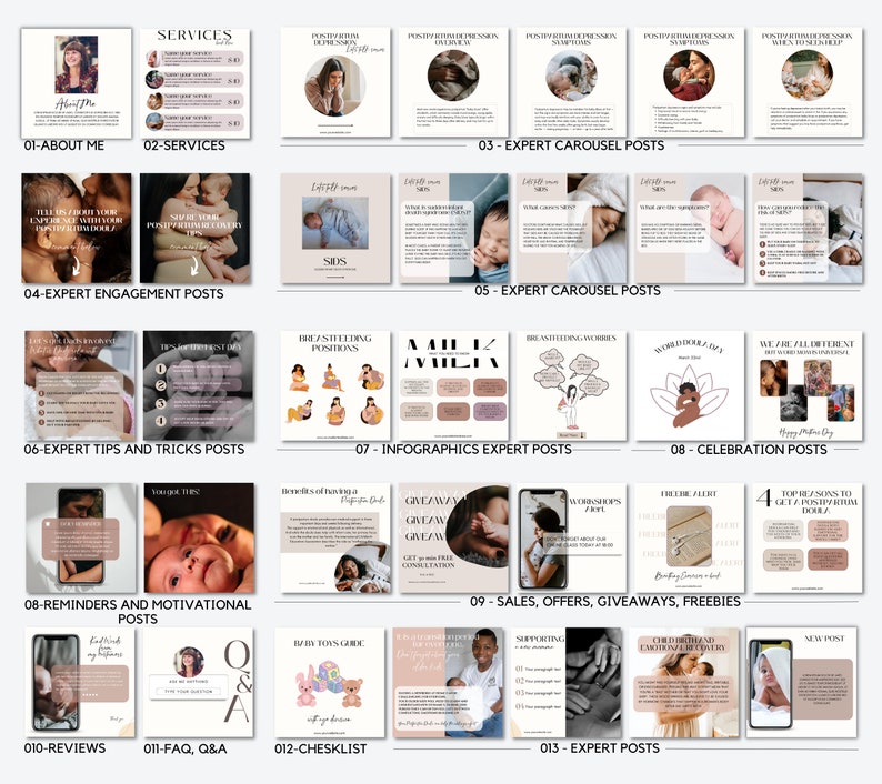 May include: A collage of images showcasing various social media posts designed for a lactation consultant. The images feature tips and tricks for breastfeeding, information about milk supply, and reminders for new mothers. The images are presented in a light pink and brown colour scheme.