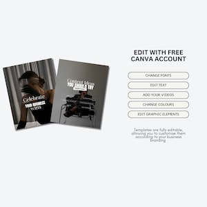 K&ouml;nnte beinhalten: Zwei Vorlagen mit den Texten "Celebrate YOUR BUSINESS wins" und "Content Ideas YOU SHOULD TRY". Die Vorlagen befinden sich neben einem wei&szlig;en Feld mit dem Text "EDIT WITH FREE CANVA ACCOUNT". Es gibt Schaltfl&auml;chen zum &Auml;ndern von Schriftarten, Bearbeiten von Text, Hinzuf&uuml;gen von Videos, &Auml;ndern von Farben und Bearbeiten von grafischen Elementen.