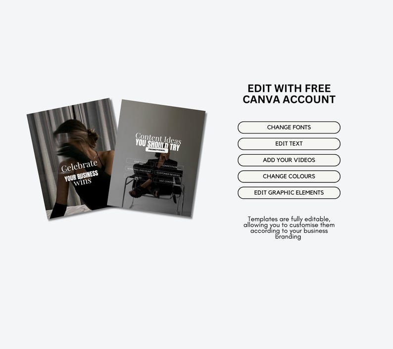 K&ouml;nnte beinhalten: Zwei Vorlagen mit den Texten "Celebrate YOUR BUSINESS wins" und "Content Ideas YOU SHOULD TRY". Die Vorlagen befinden sich neben einem wei&szlig;en Feld mit dem Text "EDIT WITH FREE CANVA ACCOUNT". Es gibt Schaltfl&auml;chen zum &Auml;ndern von Schriftarten, Bearbeiten von Text, Hinzuf&uuml;gen von Videos, &Auml;ndern von Farben und Bearbeiten von grafischen Elementen.