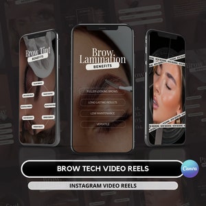 Könnte beinhalten: Drei Telefonbildschirme, die verschiedene Optionen für Augenbrauenbehandlungen zeigen. Der erste Bildschirm zeigt die Vorteile des Augenbrauenfärbens. Der zweite Bildschirm zeigt die Vorteile der Augenbrauenlaminierung. Der dritte Bildschirm zeigt eine Frau mit ihren Augenbrauen und den Text "Now Booking". Der Text "Brow Tech Video Reels" und "Instagram Video Reels" befindet sich am unteren Rand des Bildes.