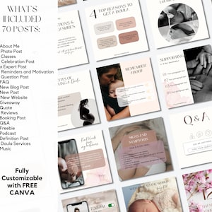 K&ouml;nnte beinhalten: Eine Collage von Bildern, die Doula-Dienstleistungen bewerben. Die Bilder zeigen eine Vielzahl von Themen rund um Schwangerschaft, Geburt und Wochenbettbetreuung, darunter "Top Reasons to Get a Doula", "Signs and Symptoms", "Supporting a New Mother" und "Welcome to the World".