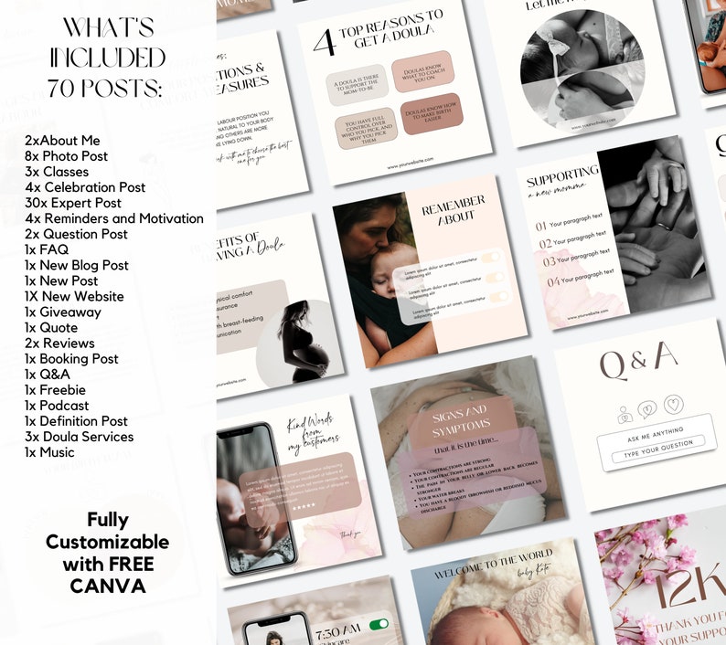 K&ouml;nnte beinhalten: Eine Collage von Bildern, die Doula-Dienstleistungen bewerben. Die Bilder zeigen eine Vielzahl von Themen rund um Schwangerschaft, Geburt und Wochenbettbetreuung, darunter "Top Reasons to Get a Doula", "Signs and Symptoms", "Supporting a New Mother" und "Welcome to the World".