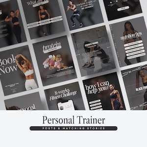 Può includere: Una raccolta di post e storie sui social media per un personal trainer, con immagini di modelli di fitness e consigli per l'allenamento. I post includono testo come "Quali sono i tuoi obiettivi?" e "Consigli nutrizionali".