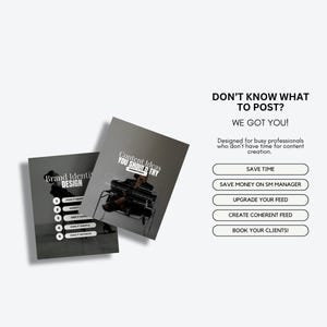 K&ouml;nnte beinhalten: Zwei graue Brosch&uuml;ren mit dem Text "Brand Identity Design" und "Content Ideas You Should Try". Das Bild enth&auml;lt auch den Text "Don't Know What To Post? We Got You!" und mehrere Call-to-Action-Buttons.