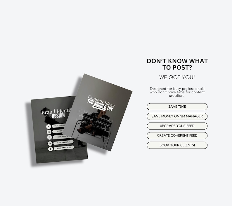 K&ouml;nnte beinhalten: Zwei graue Brosch&uuml;ren mit dem Text "Brand Identity Design" und "Content Ideas You Should Try". Das Bild enth&auml;lt auch den Text "Don't Know What To Post? We Got You!" und mehrere Call-to-Action-Buttons.