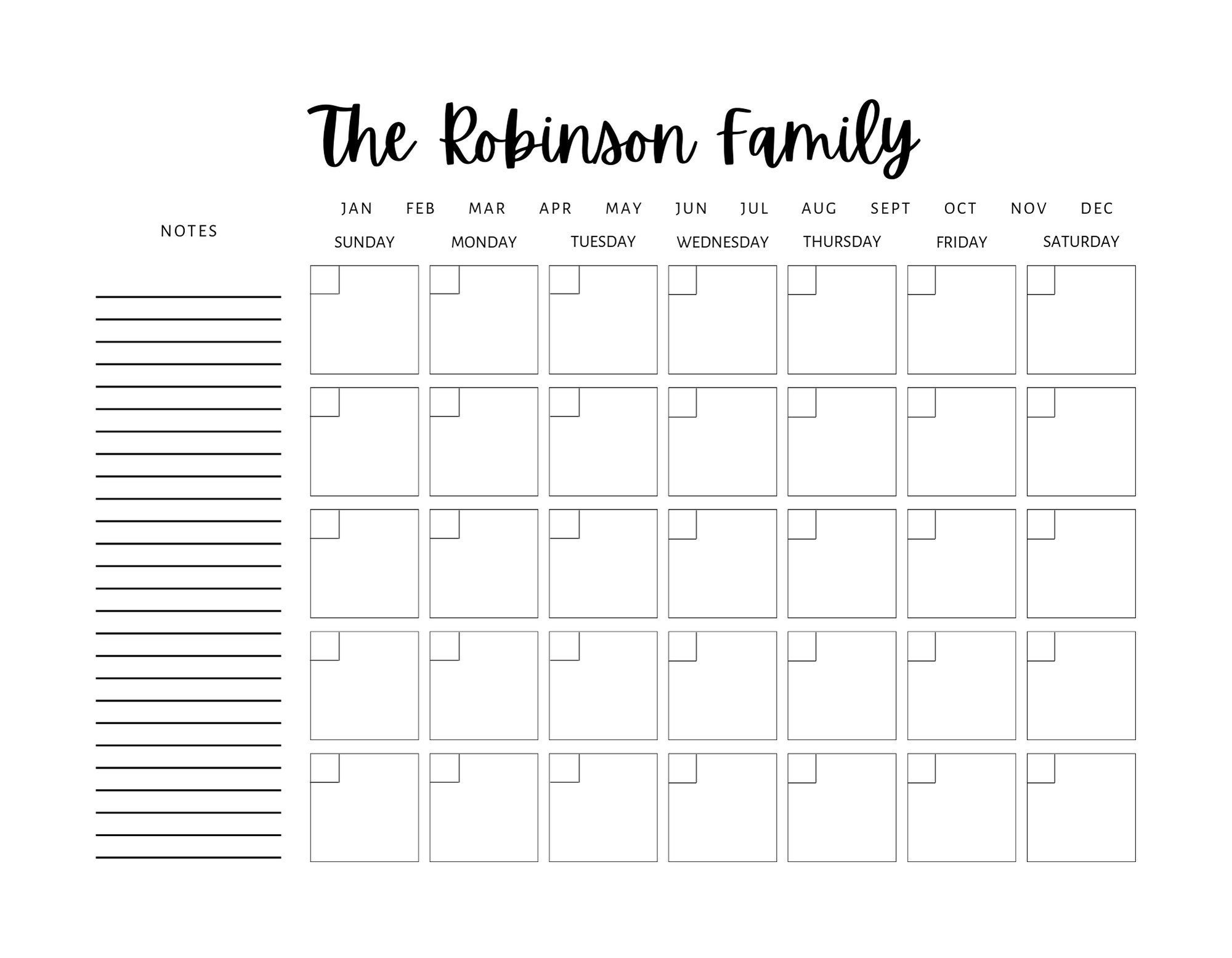 Personalized Family Calendar Canva Template Perfect for Acrylic & Dry