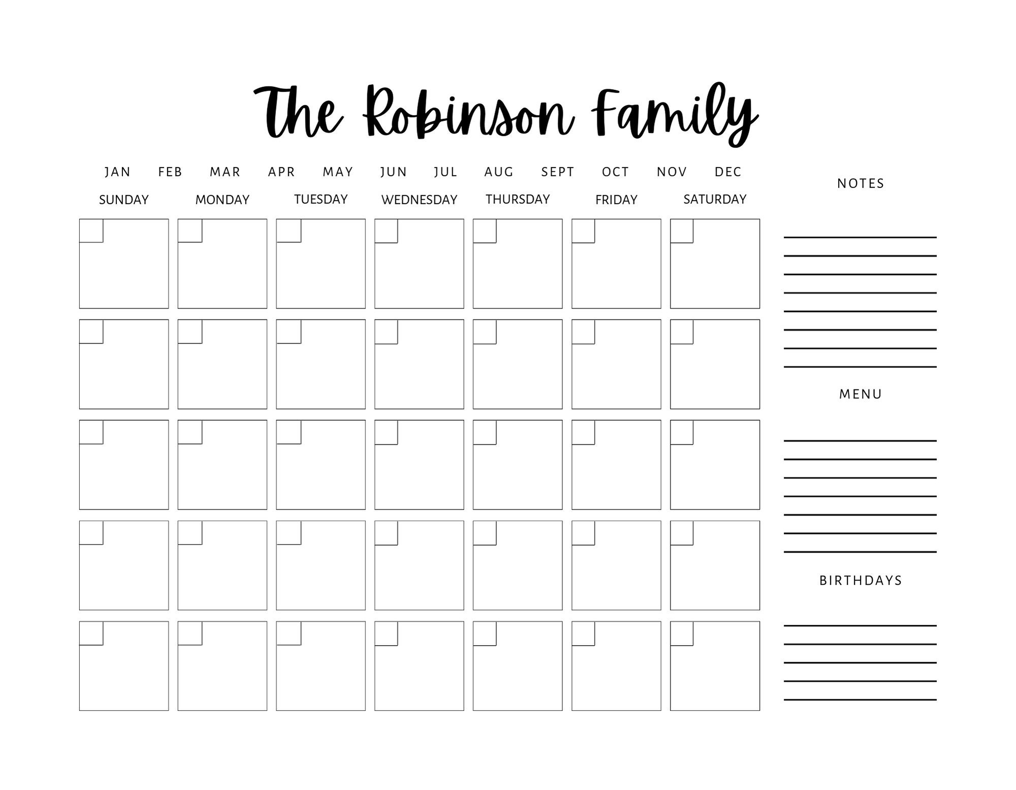 Personalized Family Calendar Canva Template Perfect for Acrylic & Dry