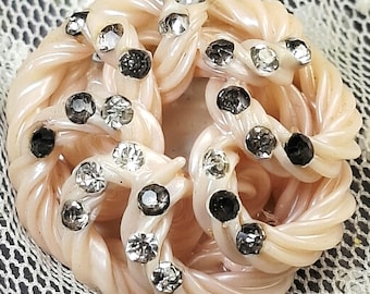 Vintage Celluloid Button Pendant: 29mm Rhinestones Pink Midcentury Spiral Rosette 06-361-26