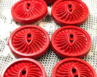 Vintage 30s Red Celluloid Buttons: Art Nouveau Carved Sew Through Set