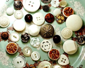 White Vintage Button Craft Lot Mixture: Hearts, MOP, Floral, Metal, Wood