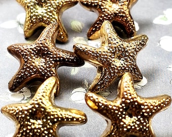 Gold Button Shanks: 16.6mm Starfish Novelty Metallic Vintage Set 5 | Nautical Embellishment 06-239-26