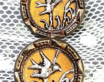Antique Victorian Picture Button Shanks with a bird nature inspired scene made of brass, steel work • collector button gift 06-376-26