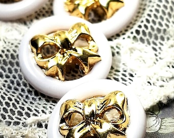 White Gold Buttons 15mm Decorative Ribbon Bow Metal Shank Set 5   06-363-26