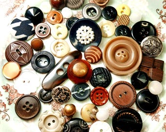 Black Natural Craft Buttons Mix: Unique Vintage Lot Metal, Bone, Glass, Wood