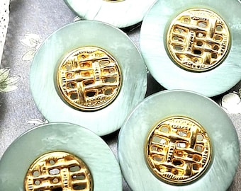 Green Button Set 20.8mm Gold Metal Filigree • Teal Designer Shank (6) 06-374-26