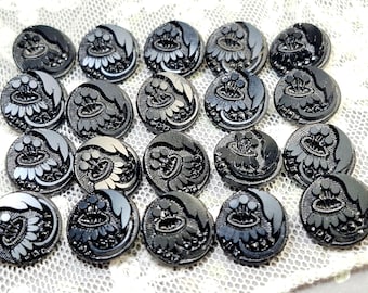 20 Antique Victorian Jet Glass Button Shanks Matching Mourning Set Floral 13mm 06-360-26