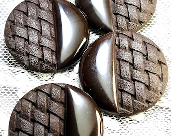 Brown Glass Button Shank Set 4: 27mm, Vintage Large Woven Basket Glossy Textured, 06-377-26