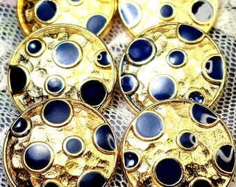 Gold Inlaid Blue Enamel Button Set | 90s Metal Designer Shanks (6) 06-384-26