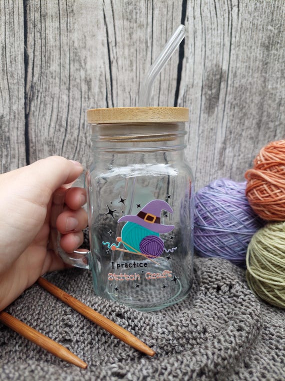 Glas mit Henkel, Bambusdeckel und Strohhalm,450ml Trinkglas 15OZ Mason Jar, Glas mit Motiv