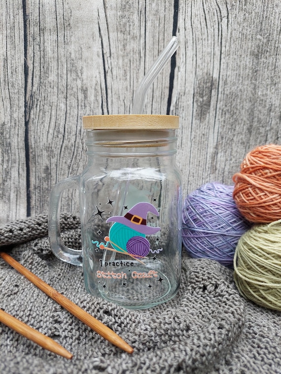 Glas mit Henkel, Bambusdeckel und Strohhalm,450ml Trinkglas 15OZ Mason Jar, Glas mit Motiv